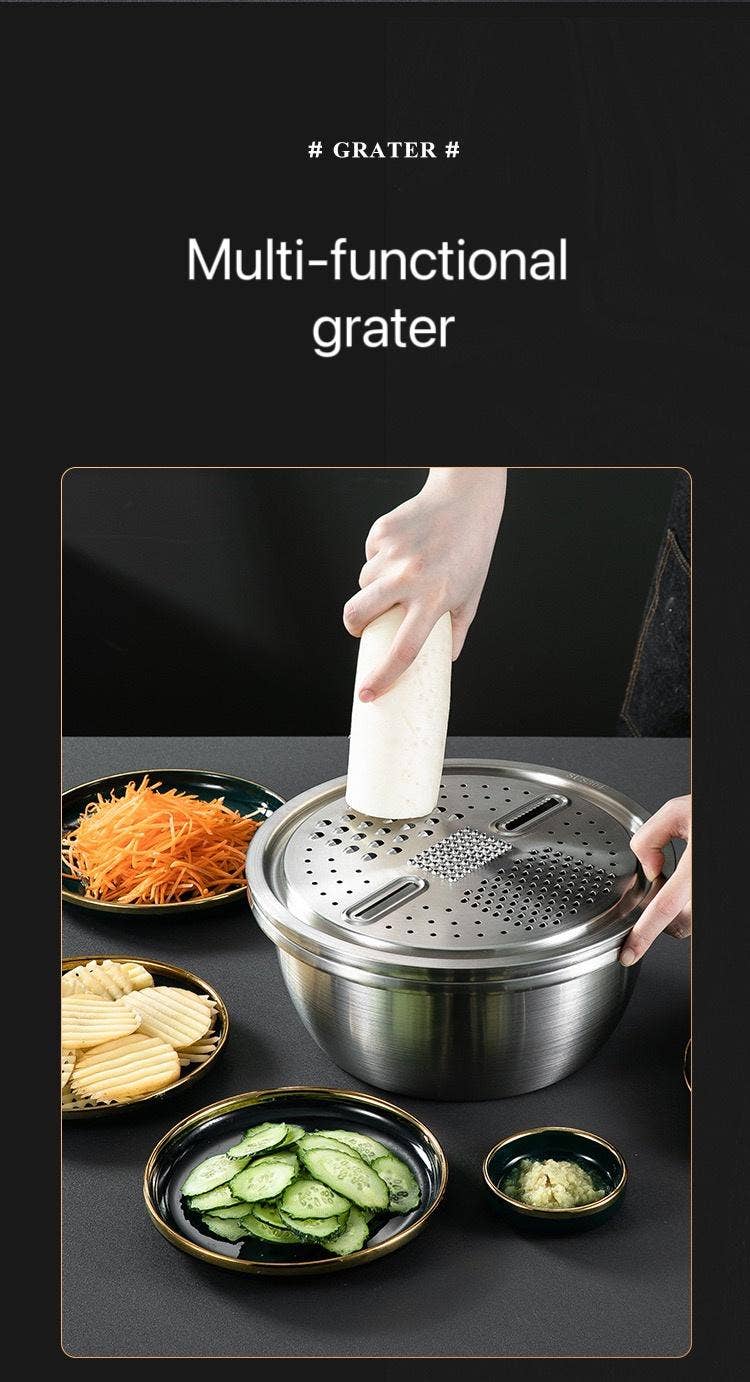 3-in-1 Stainless Steel Drain Basket & Veggie Slicer: 1 Full Set