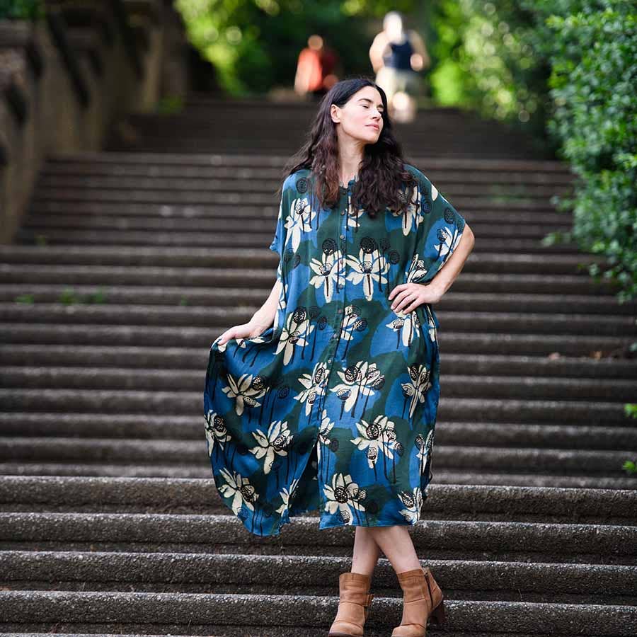 Block Print Kaftan Dress | White Lotus