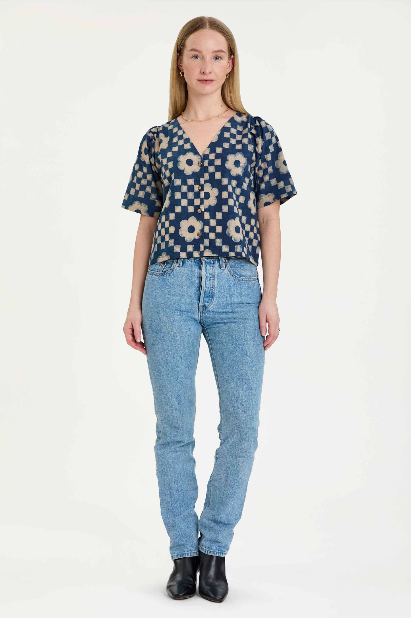 Aurora Block Print Indigo Top