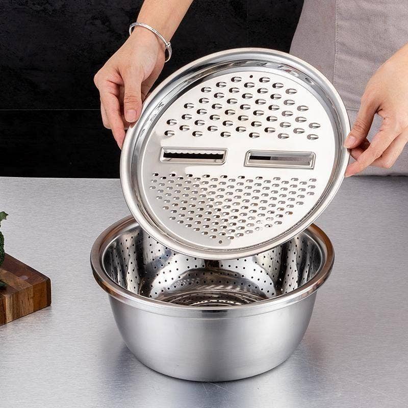 3-in-1 Stainless Steel Drain Basket & Veggie Slicer: 1 Full Set