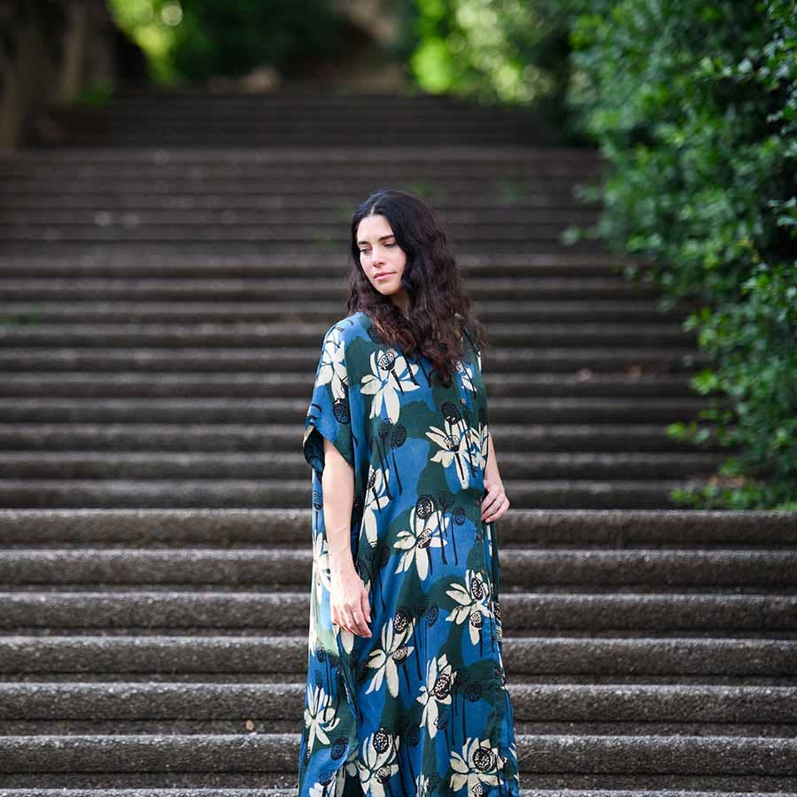 Block Print Kaftan Dress | White Lotus