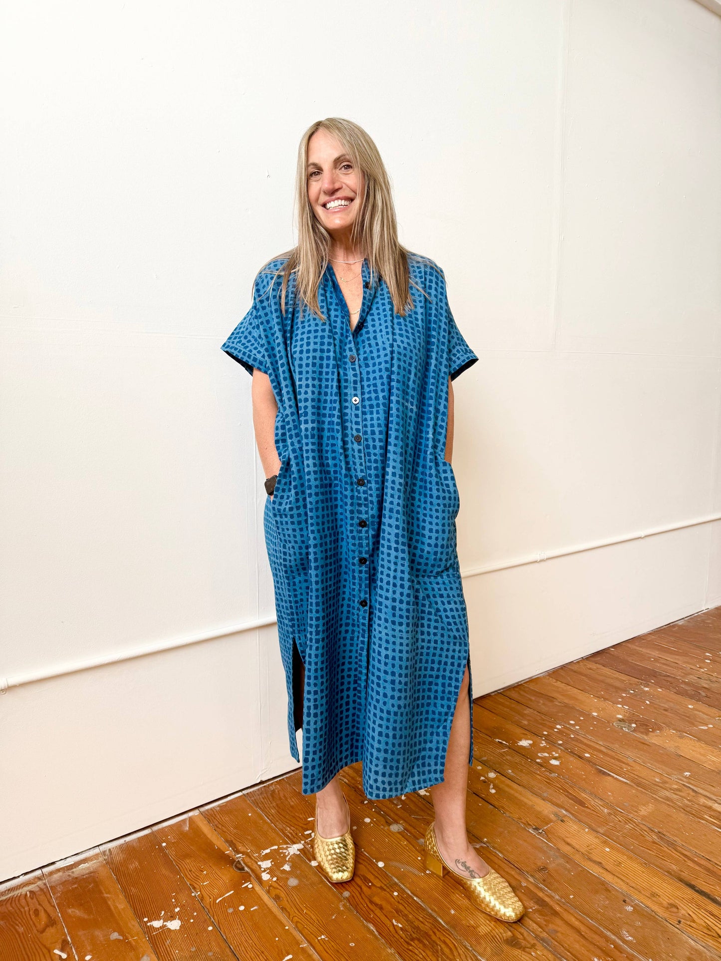 Block Printed Dress | Elise Indigo Check