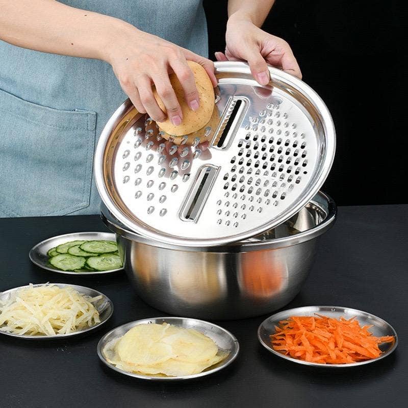 3-in-1 Stainless Steel Drain Basket & Veggie Slicer: 1 Full Set