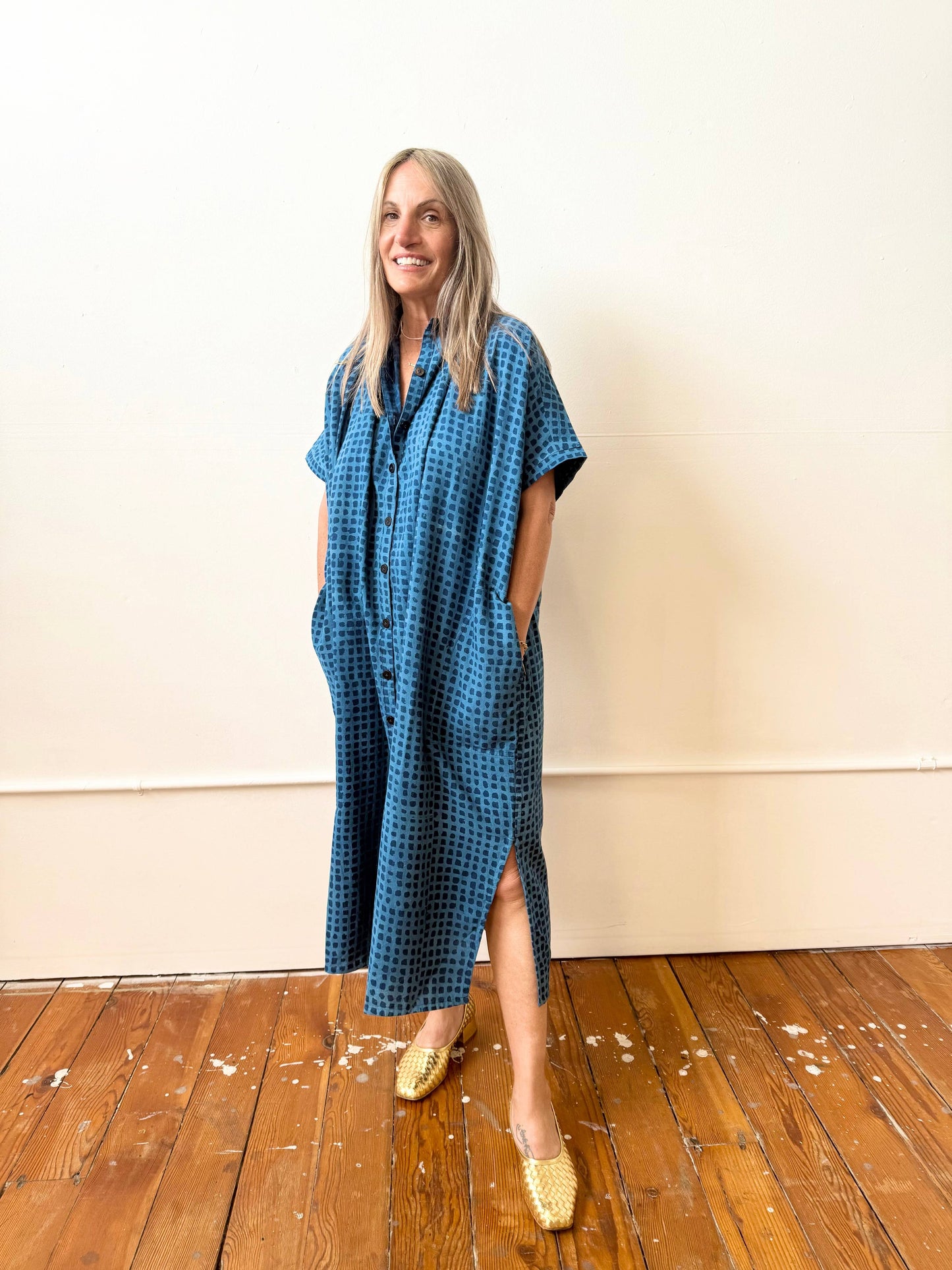 Block Printed Dress | Elise Indigo Check