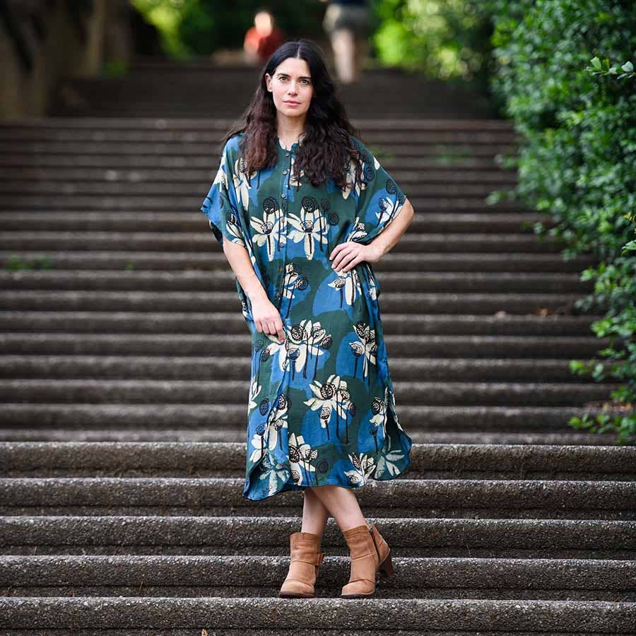 Block Print Kaftan Dress | White Lotus