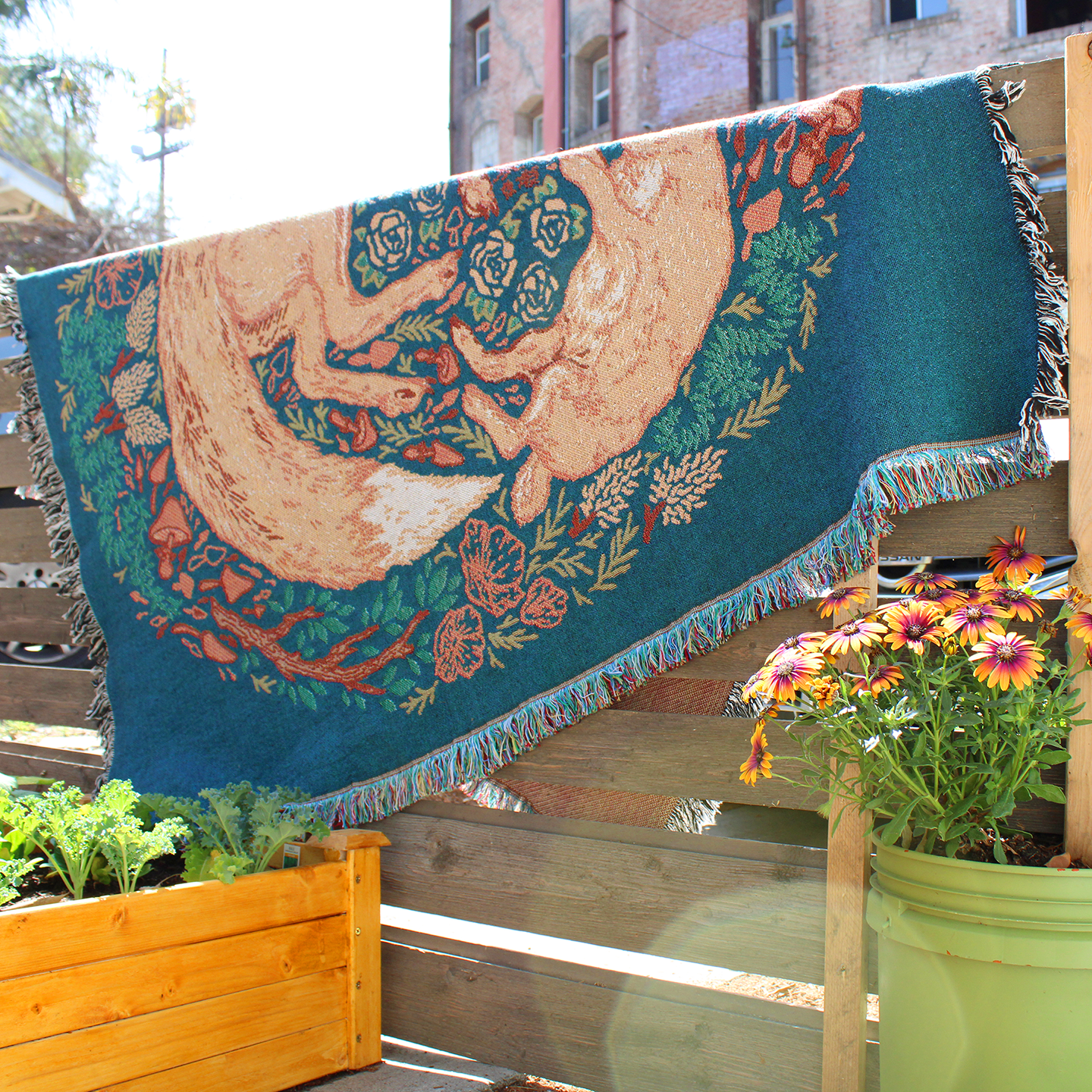Woven Blanket Tapestry: Fox & Hare