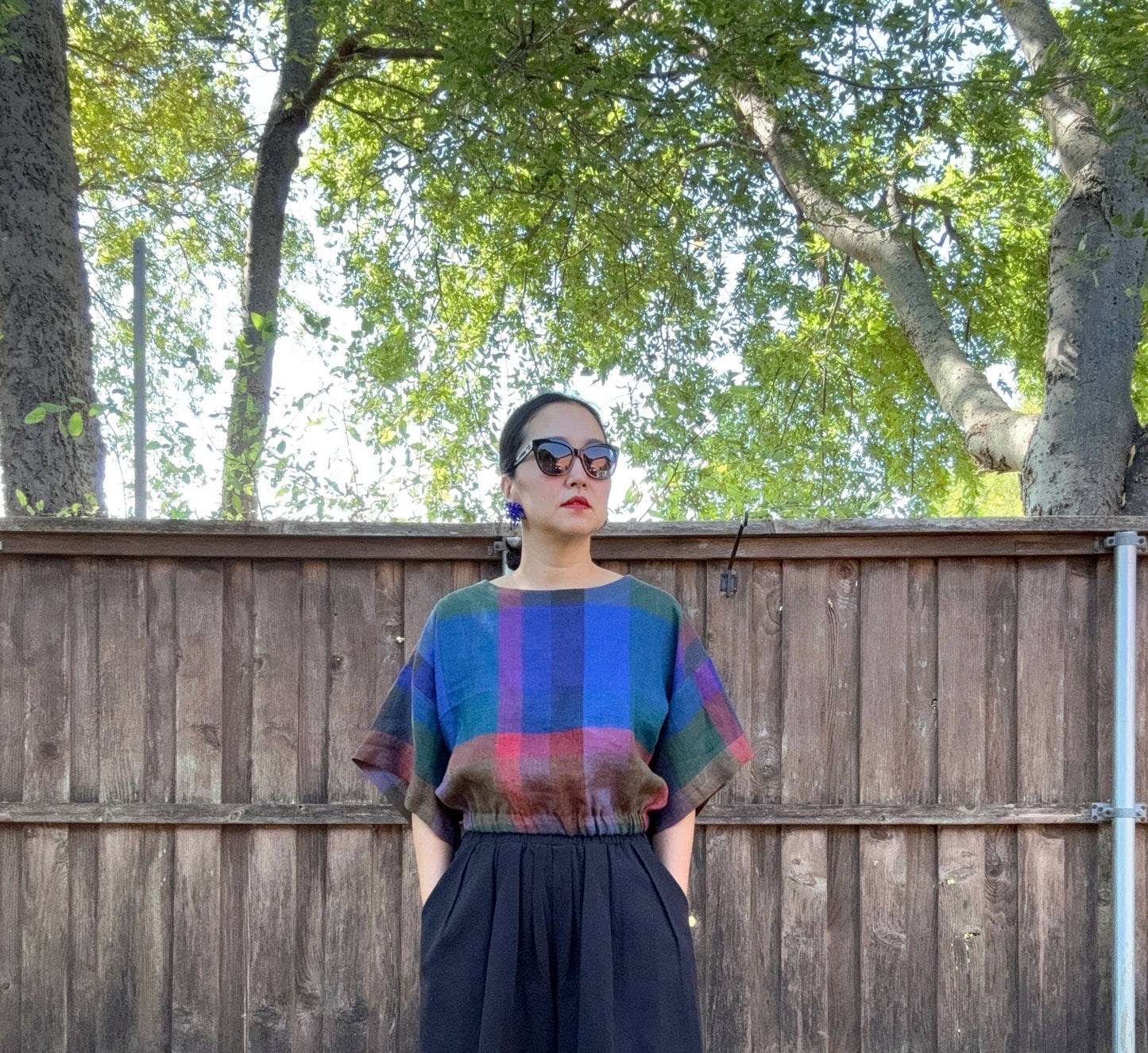 Blue Check Linen Top