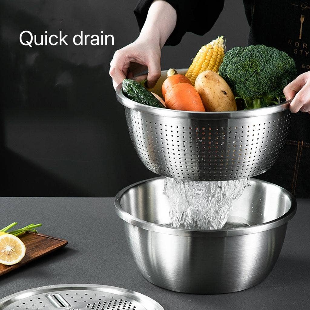 3-in-1 Stainless Steel Drain Basket & Veggie Slicer: 1 Full Set