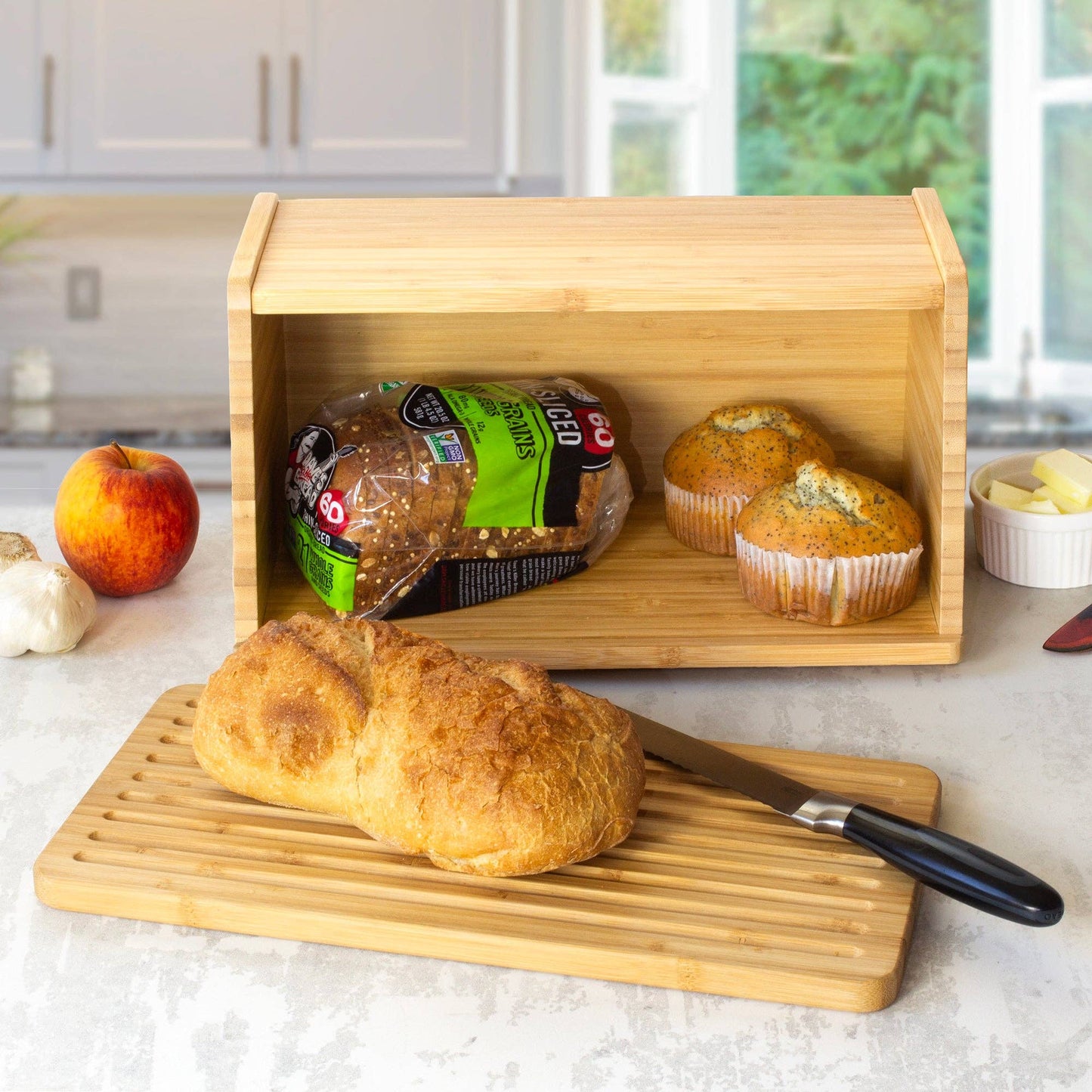 Crumb Catcher Bread Box with Removable Cutting Board Door