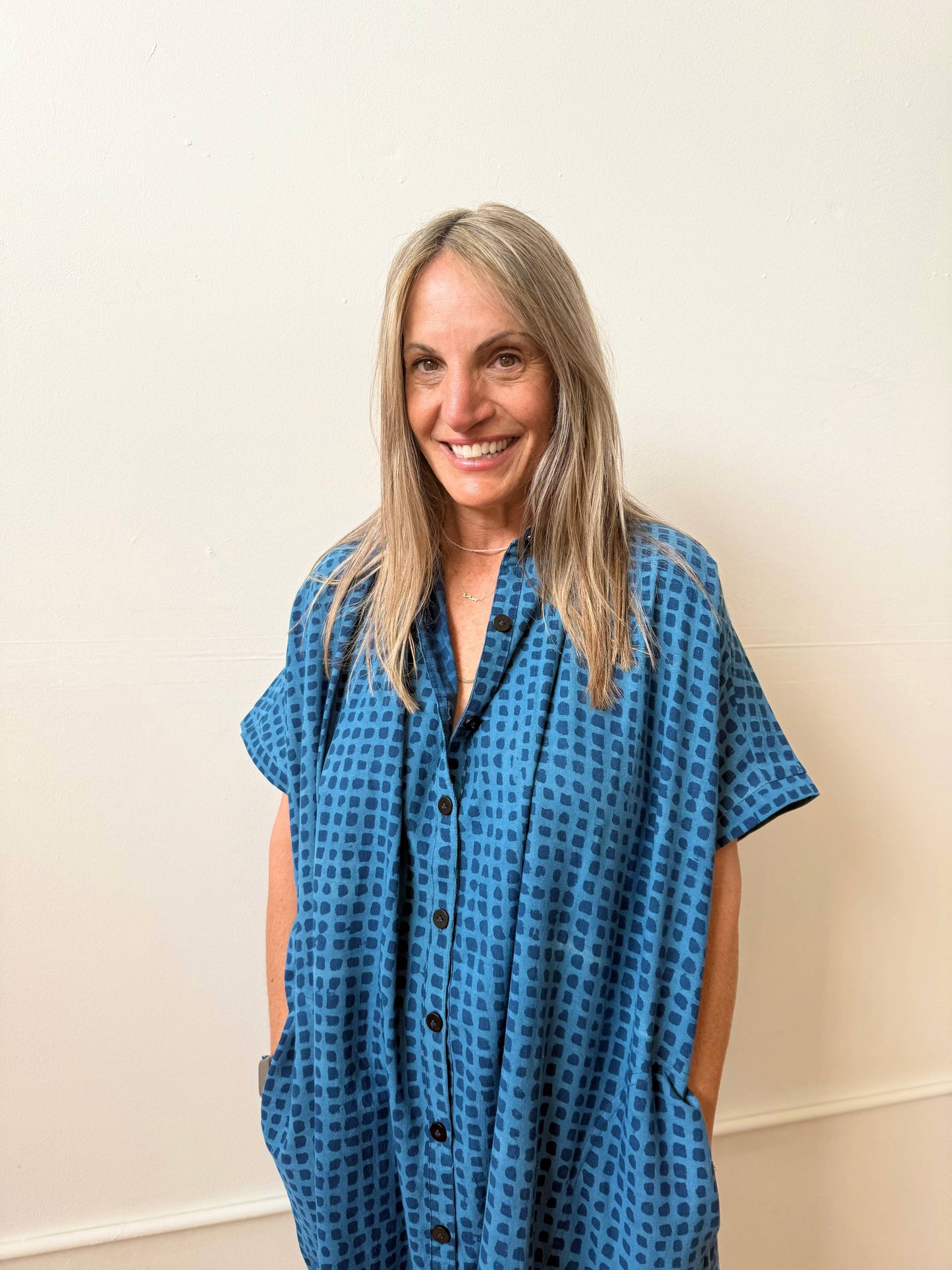 Block Printed Dress | Elise Indigo Check