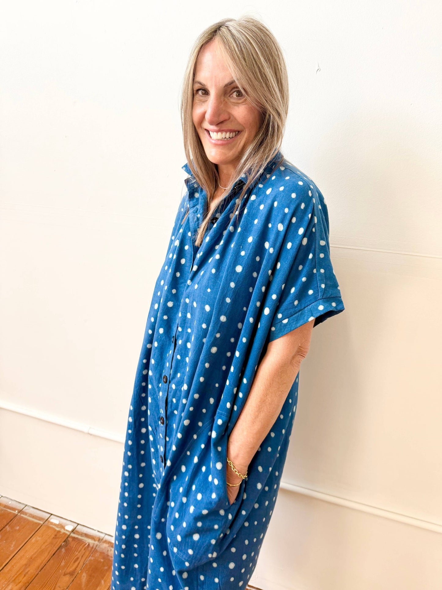 Block Printed Dress | Elise Indigo Dots