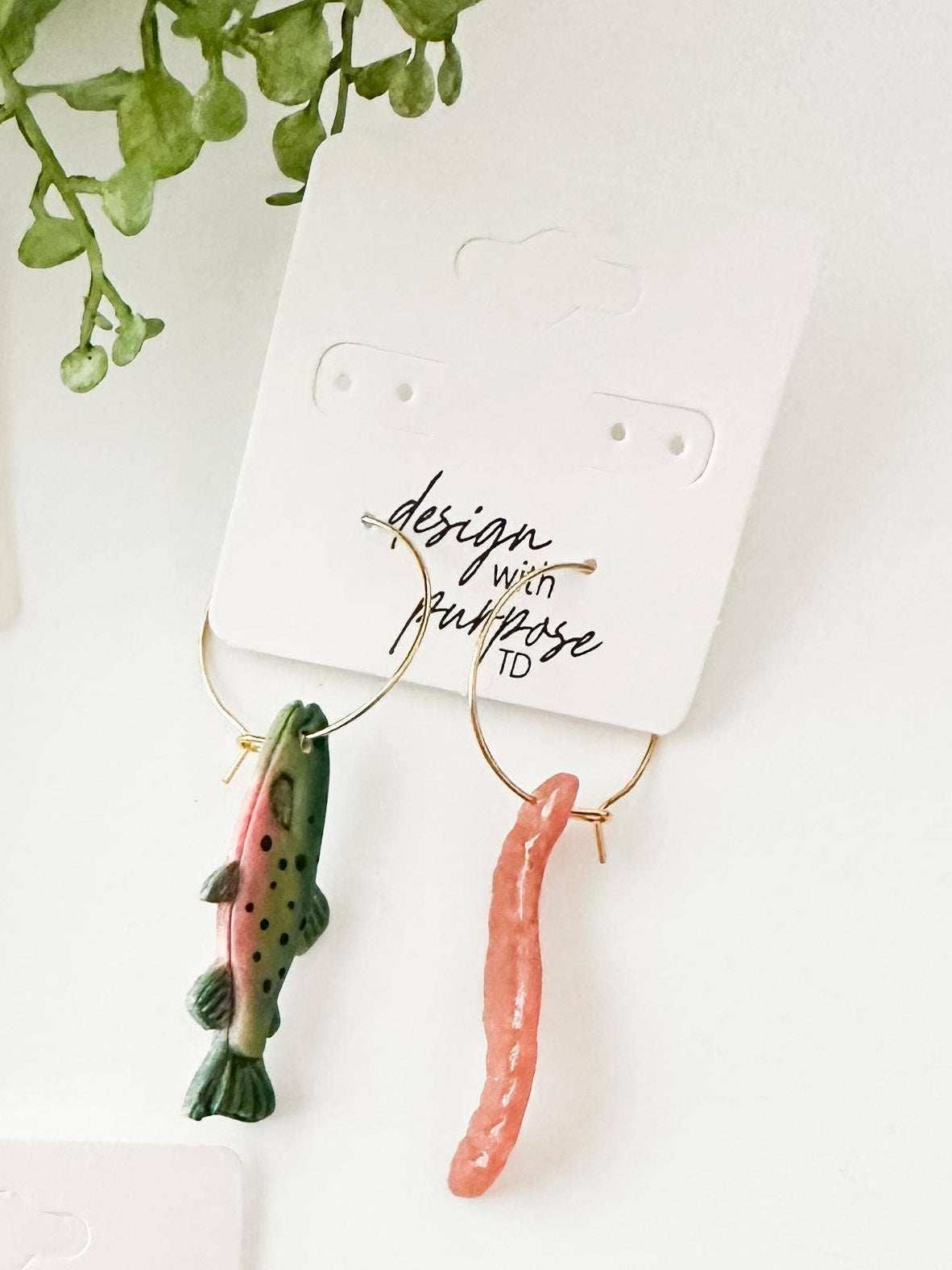 Rainbow Trout and Worm Clay Gold Hoop Earrings
