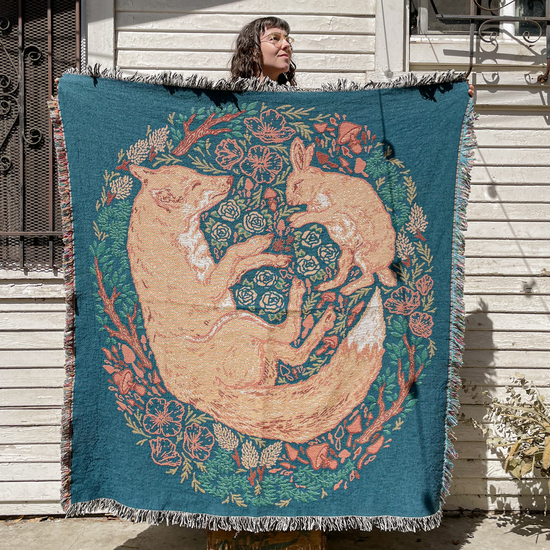 Woven Blanket Tapestry: Fox & Hare