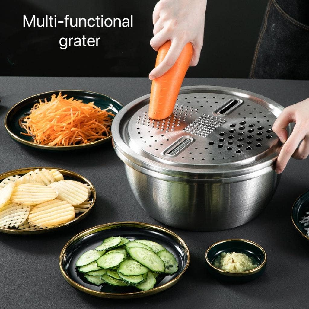 3-in-1 Stainless Steel Drain Basket & Veggie Slicer: 1 Full Set
