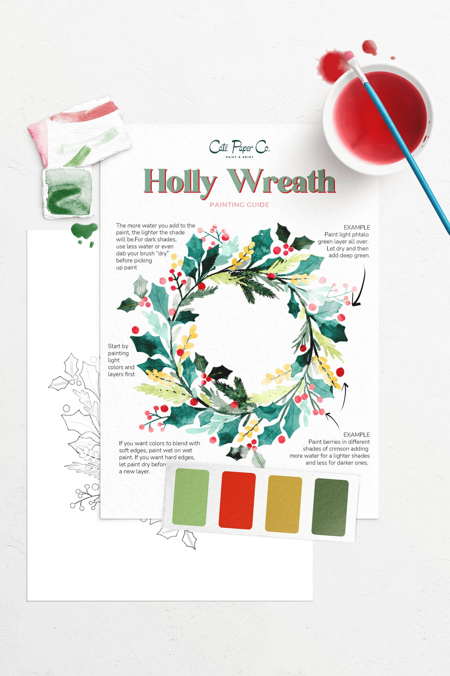 Watercolor Painting Kit Holly Wreath
