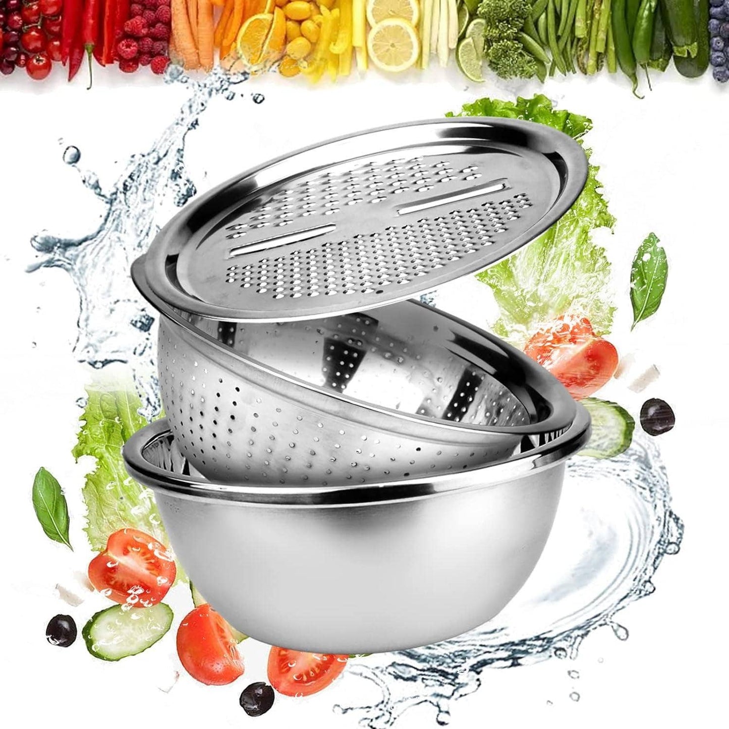 3-in-1 Stainless Steel Drain Basket & Veggie Slicer: 1 Full Set