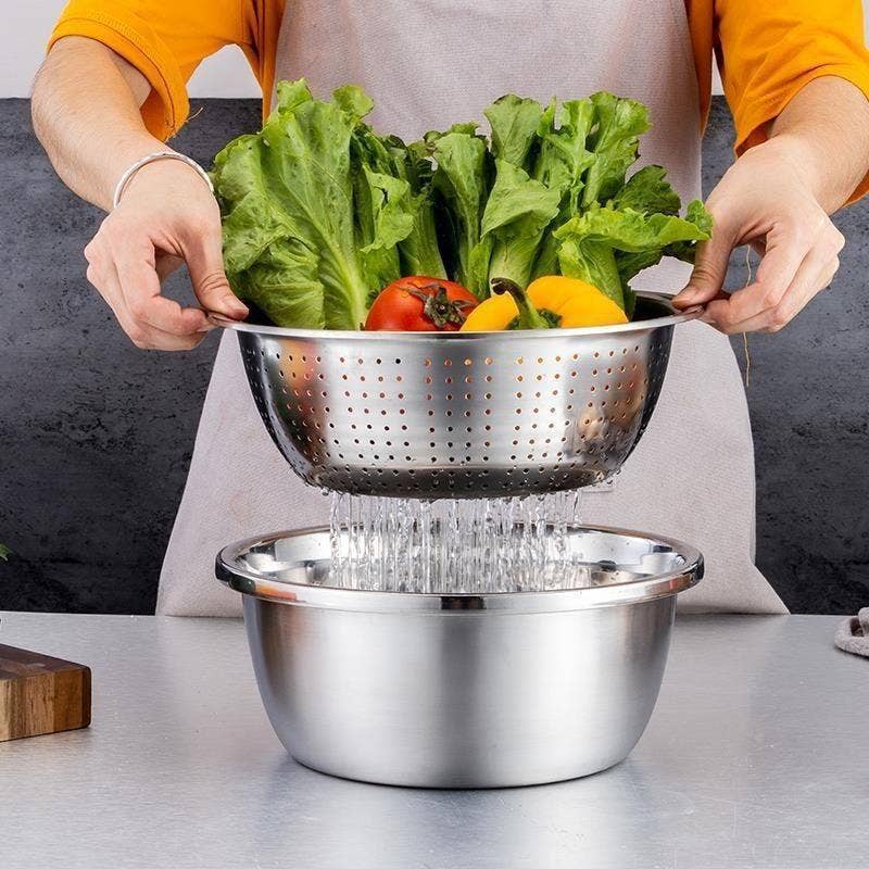 3-in-1 Stainless Steel Drain Basket & Veggie Slicer: 1 Full Set