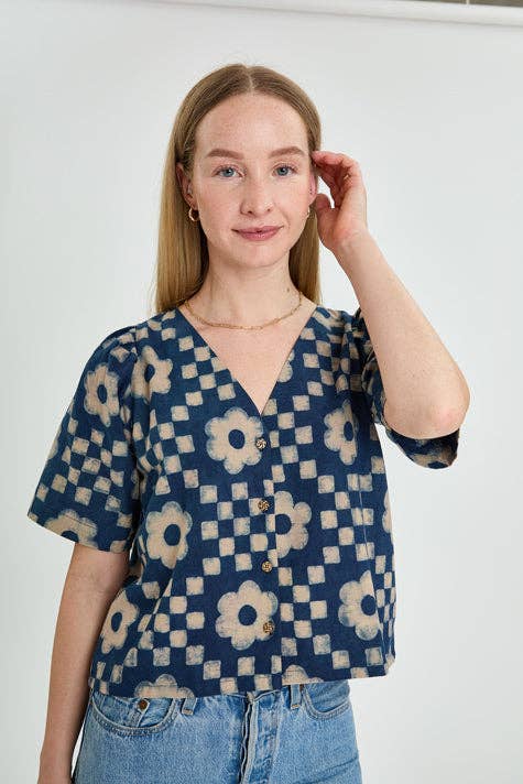 Aurora Block Print Indigo Top
