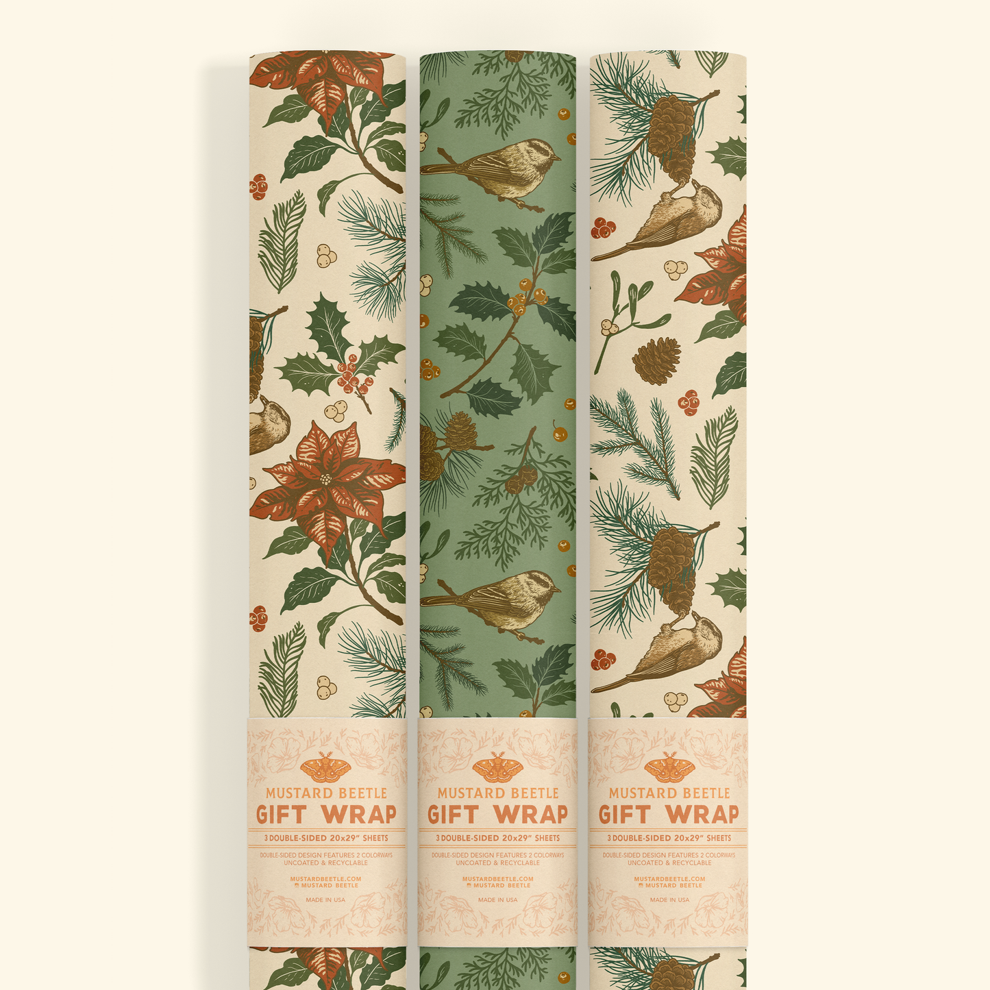 Recyclable Gift Wrap | Yuletide Chickadee by Mustard Beetle
