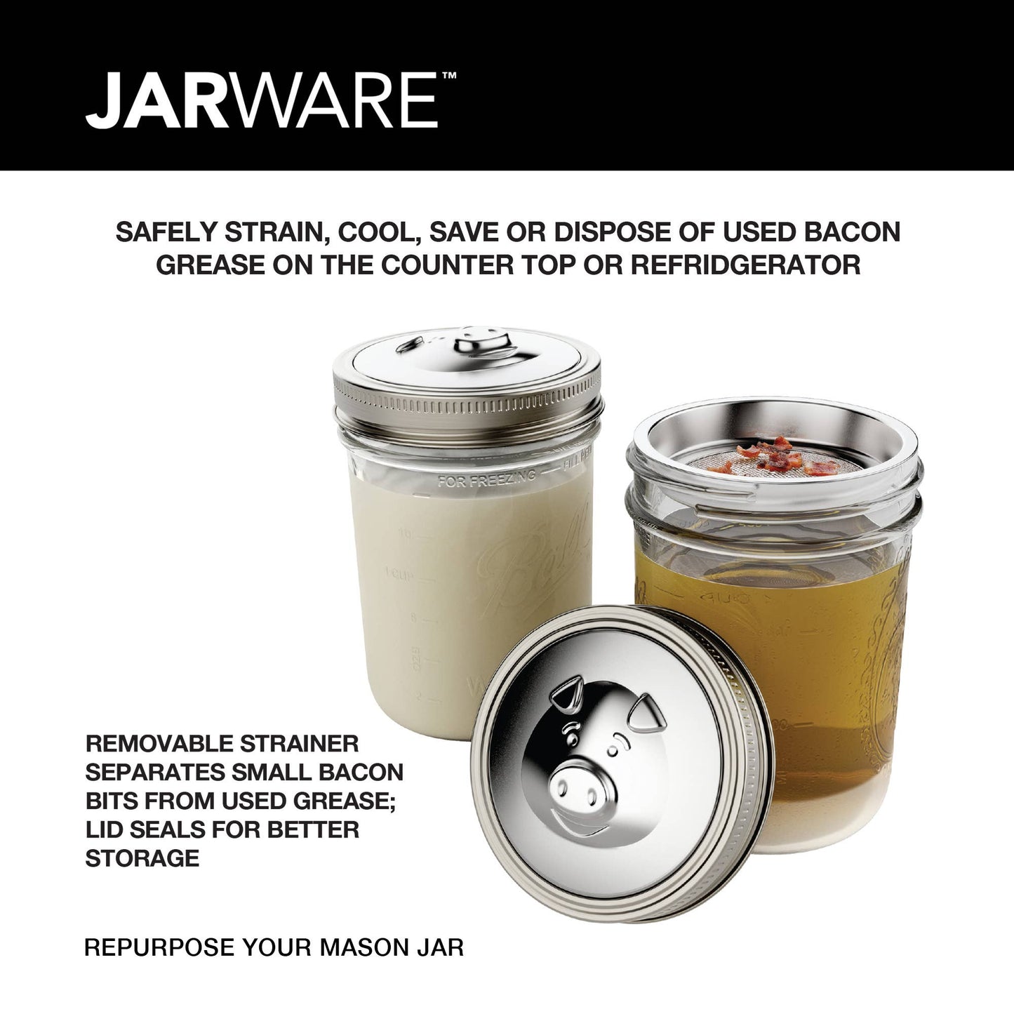 Jarware Stainless Steel Grease Strainer Lid | Wide Mouth