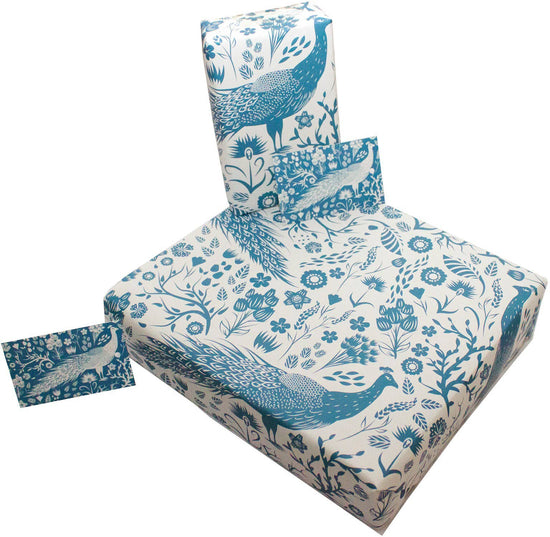 Load image into Gallery viewer, Blue Peacocks Wrapping Paper • 100% Recycled • Vegan Ink
